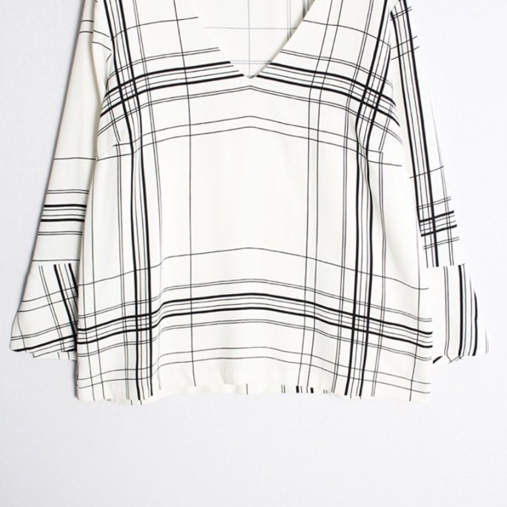 White and Black Plaid V-Neck Blouse